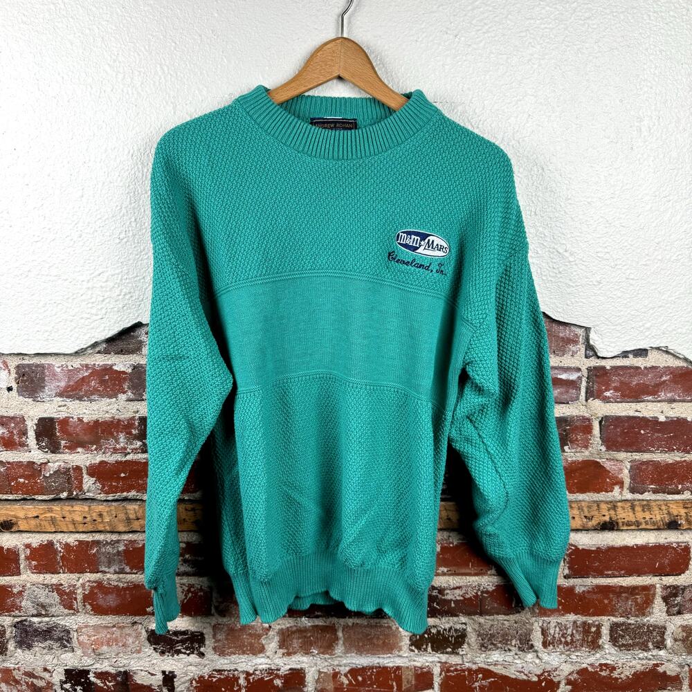 Vintage M&M Sweater Size Large Blue Teal Cotton Crewneck Mars Candy Cleveland TN